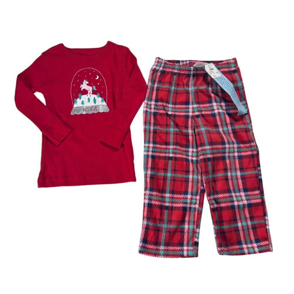 Cat & Jack Toddler Pajama Set‎ Kids 18M Unicorn LS Red Top & Plaid Pants NEW